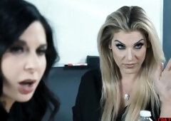 Hot secretary teen Aliya Brynn passed her first test and enjoyed hot lesbian action with horny MILF Joanna Angel Hot lesbians enjoyed pussy licking in