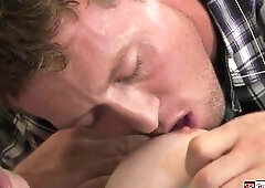 Breasty golden-haired transsexual Kayleigh Coxx kisses her cowboy bf and this guy licks her teats and sucks her large bazookas.The tranny deepthroats 