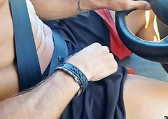 Hawt Dude drives whilst masturbating his large schlong, gets tugjob and footjob from hot passenger
