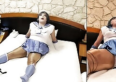 男の娘セーラーマーキュリー、電動アナルプラグを試す。UFOで乳首刺激とあわせて快感！