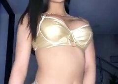 Busty curly brunette with big boobs fucks on couch