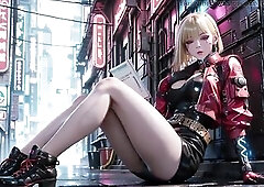 Below the neon rain, this babe emerges in a red and ebony tactical armor, her golden hair flowing wildly beneath the cold light. From assured standing
