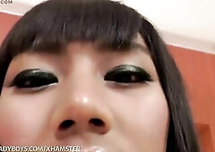 Skinny ladyboy in lace pants gives a fellatio to his lover