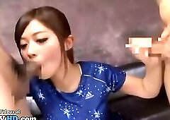 Japanese pretty teen kisses and helps men to cum