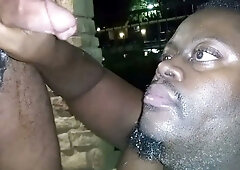 Musty nerd gets face fucked and covered in cum in public