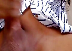 Breathtaking shemale with glasses vigorously tugs on her big schlong