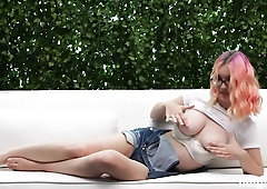 Busty redhead girl opens her tight hole on the porn casting