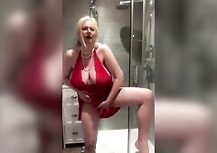 Annabel’s red satin halter neck negligee shower play