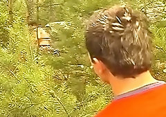 Cute gay teen stumbles into a threesome in the woods