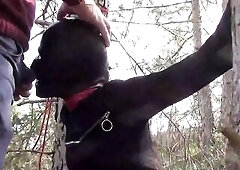 Bound to a tree on a hawt outfit, masked and outdoor deepthroat with no lenience