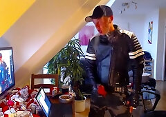 Smoke and jerk off in biker leather jacket