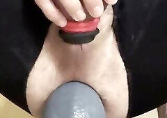 Anal stretch training with caged cock makes mature whore happy