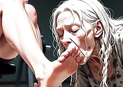 Old woman worships the feet of a built woman in the gym. This babe licks the perspired soles and sucks every toe with devotion during the time that th