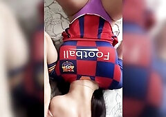 Sexy cheerleader with a large booty screws 2 dongs