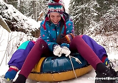Three party girls share cum in a cozy log cabin after winter fun