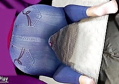 Large booty in jeans pissing with sex-toy