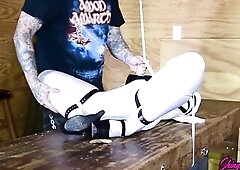 Pretty punk hotty Voyage Six's eyes gleamed with anticipation as I carefully guided her into the shimmering white zentai catsuit, zipping it up o