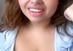 Busty curly brunette with big boobs fucks on couch