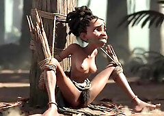 Afro woman with a very hirsute vagina fastened up in rope servitude, screaming desperately. That babe's scared and emotional, tears flowing as th
