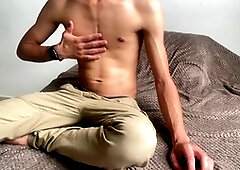 Hot and adorable slim guy strips naked in his bedroom