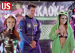 Marie Mccray joins a lingerie threesome during a sci-fi game show roleplay