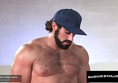 Muscular hairy guys Mike De Marko and Jaxton Wheeler heat up the garage with intense interracial sex