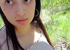 Curvy milf rides hard in a hidden forest spot and gets creampie