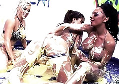 Filthy trio involving breasty lesbos who love to fool around with food