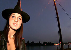 Naughty witch bends over for cash & takes a deep throat pounding in the wild