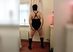 Indecent tv whore in knee high boots and underware.