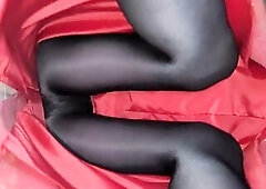 Showing off one of my recent fully lined summer skirts in glossy hose.