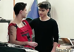 Gorgeous young dude barebacked by handsome car mechanic