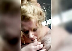 Redhead wench does a topless oral sex in public and keeps sucking even after the dude cums in her horny throat