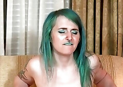 Blue hair shemale amateur jerking her cock