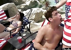 Breasty tranny chicks Izzy Wilde, Jade Venus, Kasey Kei and Brittney Kade have a fun deepthroat blowjobs the chaps large hard schlong in the pool.The 