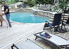 Security guard catching and fucking a teen perp in the pool