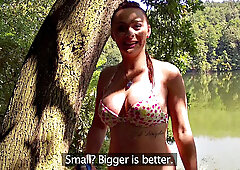 Inked up cutie in bikini takes a wild ride on stranger's dick & balls