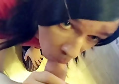 Nice sissy femboy oral and jizz guzzle in v-card