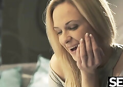 Blonde straddles her lover on the sofa and grinds down as he fingers her deeply