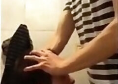Twink gets face fucked and swallows cum in university bathroom