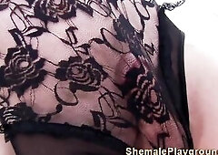 Blond transsexual solo tugs her dong after toying her rectal hole