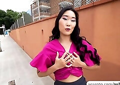 Slutty babe Katana flashes small tits in public for cash