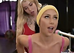 Trans Gracie Jane rips open her milf friend Queenie Sateens trainers to fuck her behind their