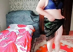 Sexy sissy crossdresser in pink pants and dress shows off big white butt while getting off