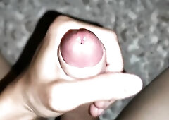 close-up jizz flow on the abdomen and filled himself with goo