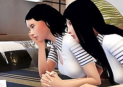 Two Japanese lesbians explore each other intimately on a patterned bed