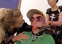 Two bossy and strict office bitches humiliate a slave BDSM