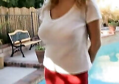 Older golden-haired housewife with large melons trots out her snatch to unknown chap