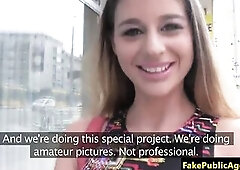 Breasty euro deepthroating and swallowing cum for money