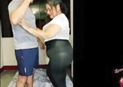 Aged woman does stretching and cardio with youthful dude, to make it easier for him to give her a valuable time.